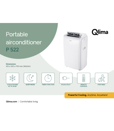 Climatiseur Mobile Qlima P426 – 2,62kW, Classe A, Télécommande, Occasion